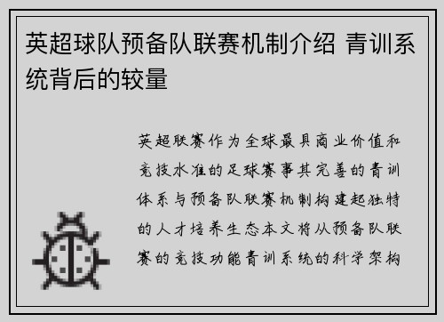 英超球队预备队联赛机制介绍 青训系统背后的较量